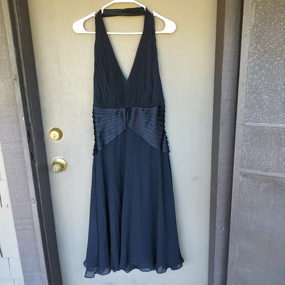 Vintage Tadashi Collection Black Silk Halter Knee Length Dress Layered Waistband